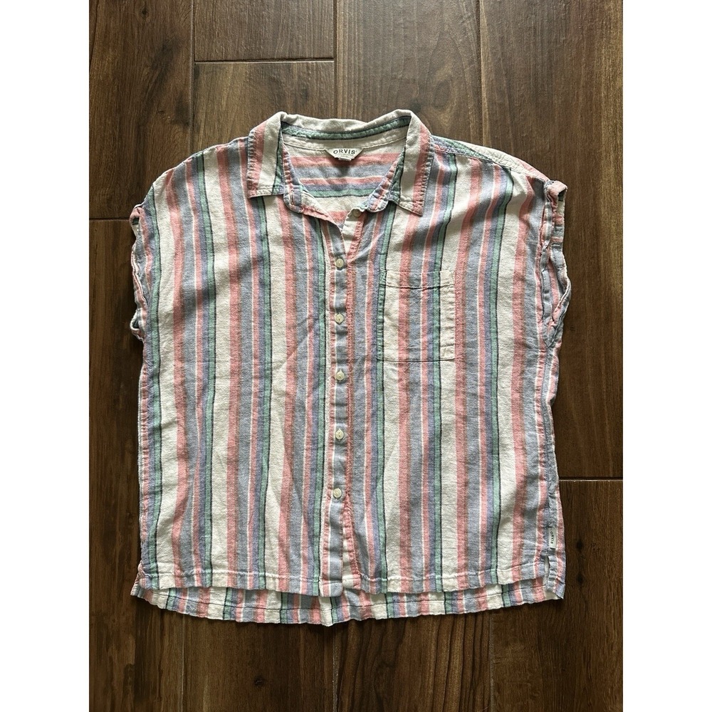 Orvis Womens Linen Blend Striped Button Down Shirt Cap Sleeve Multicolor Large